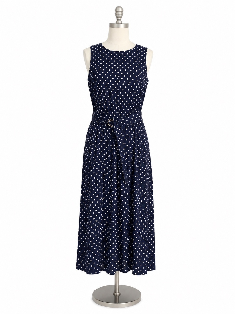 Cristin Stevens Navy Polka Dot Maxi Dress L 100% Rayon Belted Vintage 90s